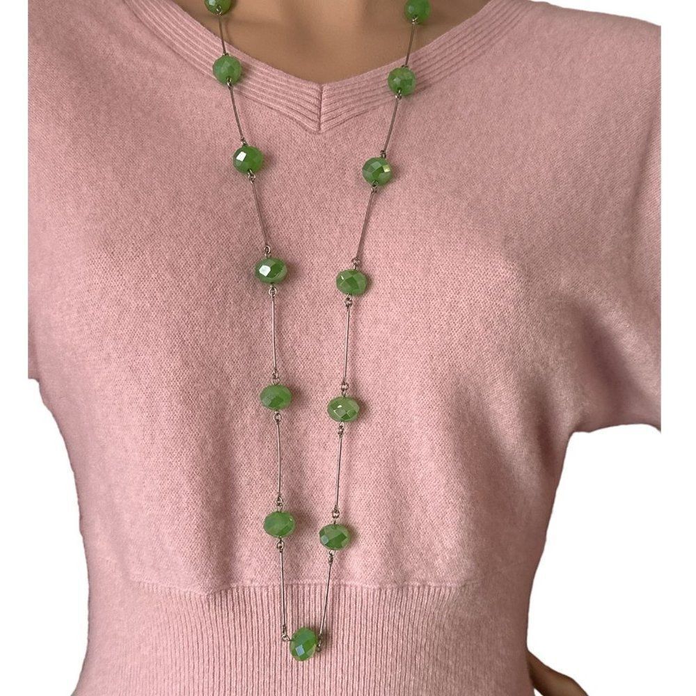 Green Glass Iridescent Station Necklace Long Faceted Cut over Silver Plated